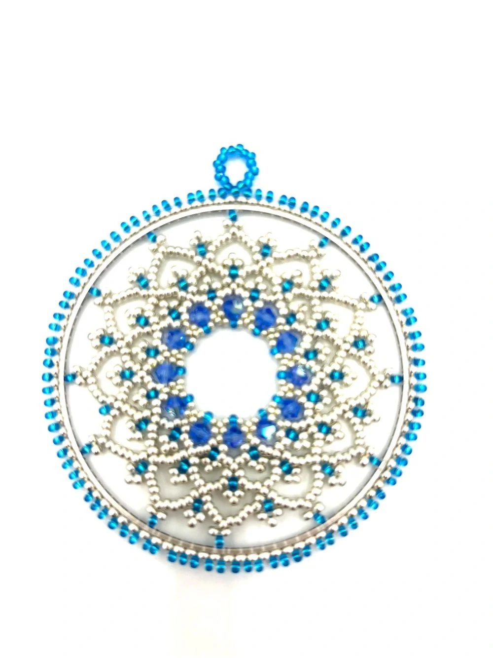 Hand Crafted Blue Beaded Mandala Window Suncatcher - Home Wall Decor